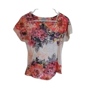 Closet Full Orange Cream Floral Crew Neck Women's Tee Size Medium